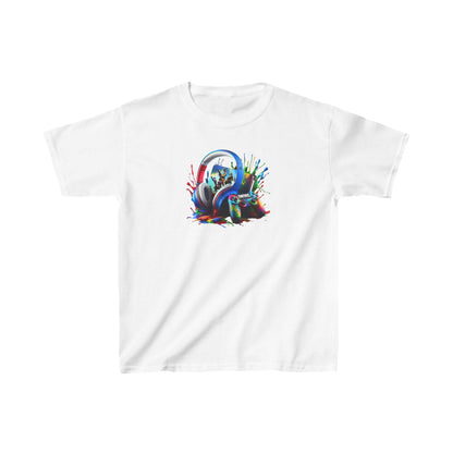 Unisex children's gaming graphic cotton tee showcasing colourful headsets and controllers, crafted from soft, breathable cotton, available in 16 vibrant shades.