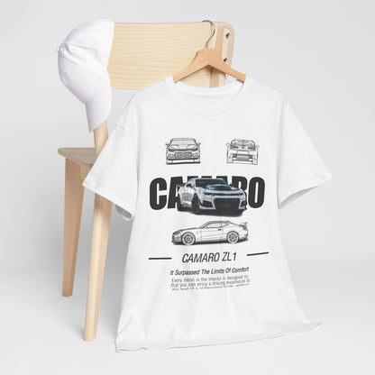 Stylish Camaro ZL1 T-shirt artistically presented on a chair alongside a matching cap, highlighting a blend of comfort and automotive allure.