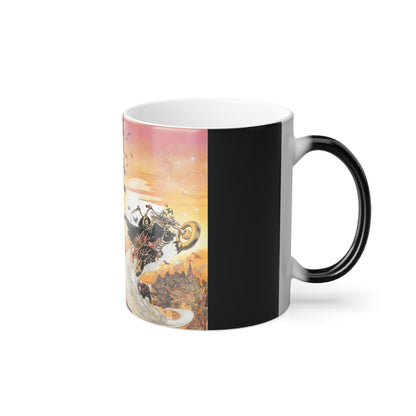 A distinct angle of the Discworld Soul Music Heat Change Coffee Mug showcasing its artistic design with a playful depiction of a magical chase, perfect for enriching your coffee experience.
