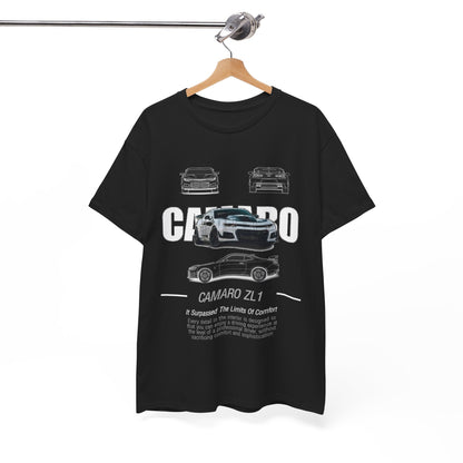 Men's Camaro ZL1 T-Shirt displayed elegantly on a hanger, highlighting the luxurious design and comfort, perfect for car enthusiasts.