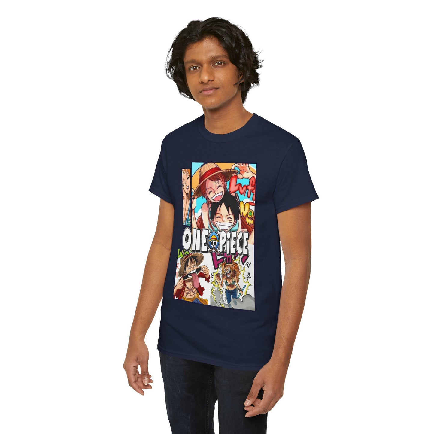 Luxurious navy blue One Piece manga-inspired men's T-shirt featuring a vibrant collage of beloved characters, perfect for anime enthusiasts.