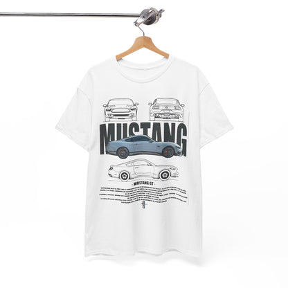 Fashion-forward Ford Mustang GT T-Shirt elegantly displayed on a hanger, showcasing detailed technical drawings, perfect for automotive aficionados.