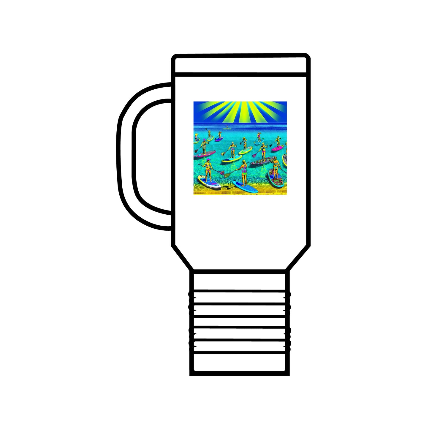 Fantasy Paddleboarding Insulated Travel Mug featuring a vibrant design of paddleboarders against a sunny seascape, ideal for adventurous coffee lovers.