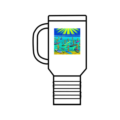 Fantasy Paddleboarding Insulated Travel Mug featuring a vibrant design of paddleboarders against a sunny seascape, ideal for adventurous coffee lovers.