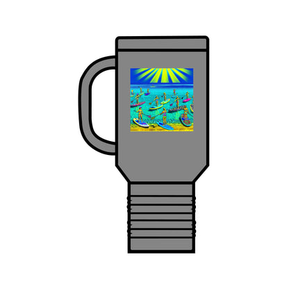 Fantasy Paddleboarding Insulated Travel Mug in sleek grey, showcasing colourful paddleboarders on a stunning ocean backdrop, perfect for stylish hydration on the go.