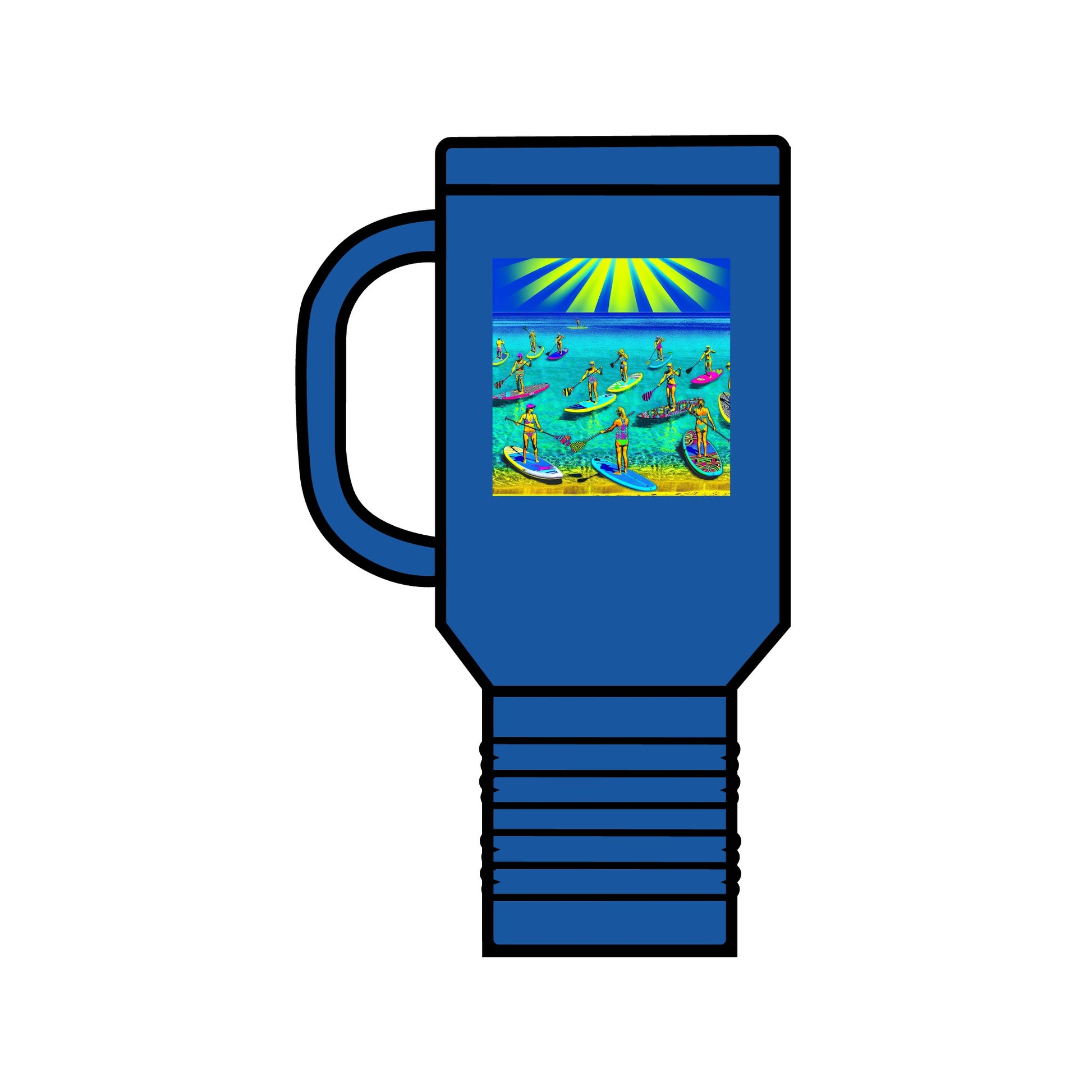 Fantasy Paddleboarding Insulated Travel Mug in elegant blue, featuring a captivating paddleboarding illustration, designed for luxury and durability with premium stainless steel.