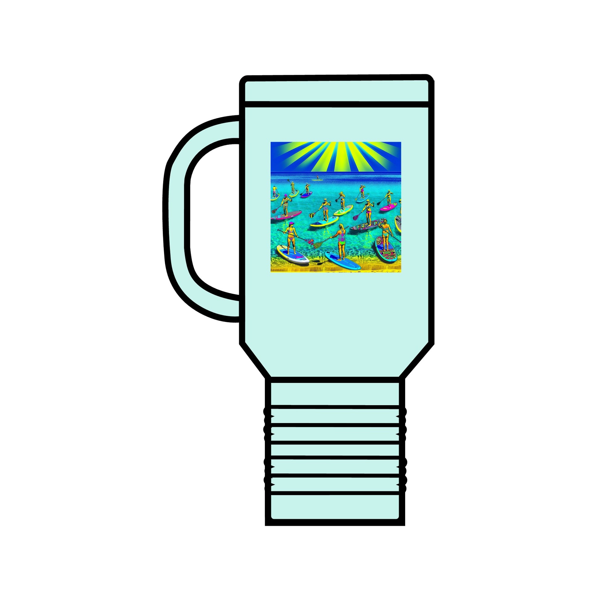 Fantasy Paddleboarding Insulated Travel Mug in soothing aqua, displaying a delightful paddleboarding artwork, perfect for adventure lovers seeking luxury and practicality.