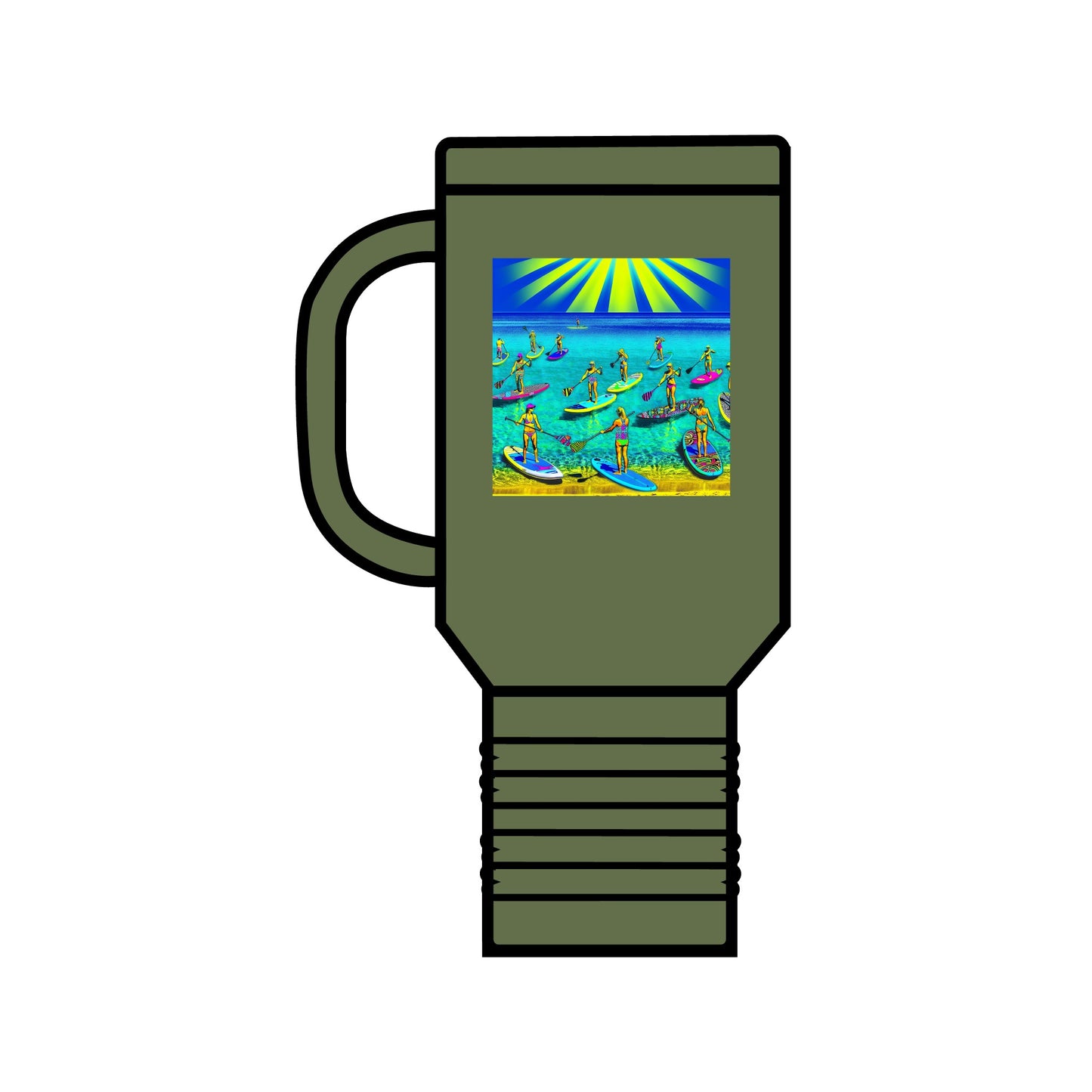 Fantasy Paddleboarding Insulated Travel Mug in a rich green tone, featuring an artistic depiction of paddleboarders, embodying functionality and style for modern explorers.