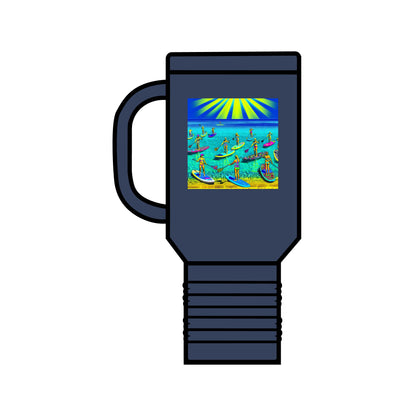 Fantasy Paddleboarding Insulated Travel Mug in elegant navy, illustrating a dynamic scene of paddleboarding enthusiasts, perfect for luxury outdoor adventures.