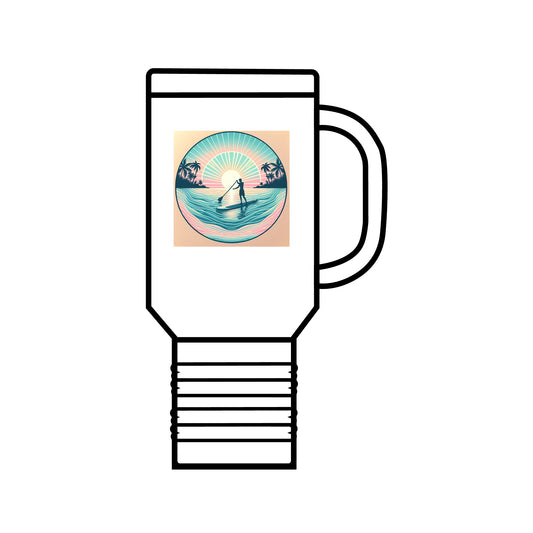 Fantasy Paddleboarding Insulated Travel Mug 40oz, showcasing a vibrant design featuring a paddleboarder at sunset amidst tropical surroundings, crafted from premium stainless steel with ergonomic design.