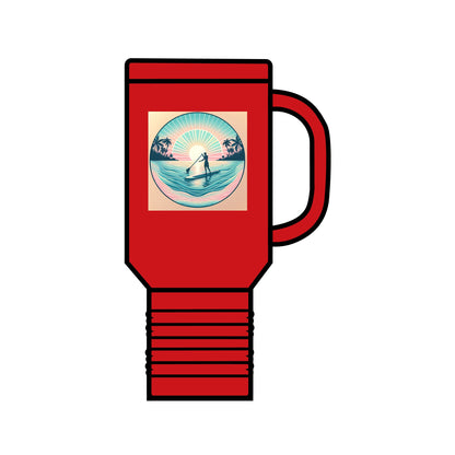 Fantasy Paddleboarding Insulated Travel Mug 40oz in vibrant red with ergonomic design, showcasing a captivating paddleboarding graphic, perfect for luxury outdoor adventures.