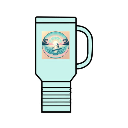 Fantasy Paddleboarding Insulated Travel Mug 40oz in a soothing mint green, adorned with a stunning paddleboarding motif, ideal for those who embrace adventure with sophistication.