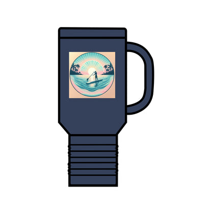 Fantasy Paddleboarding Insulated Travel Mug 40oz in sophisticated navy, featuring a stunning design of paddleboarding at sunset, made from high-quality stainless steel.