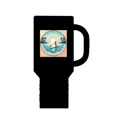 Chic Fantasy Paddleboarding Insulated Travel Mug 40oz in classic black, adorned with an artistic paddleboarding design, perfect for hot and cold beverages during outdoor excursions.