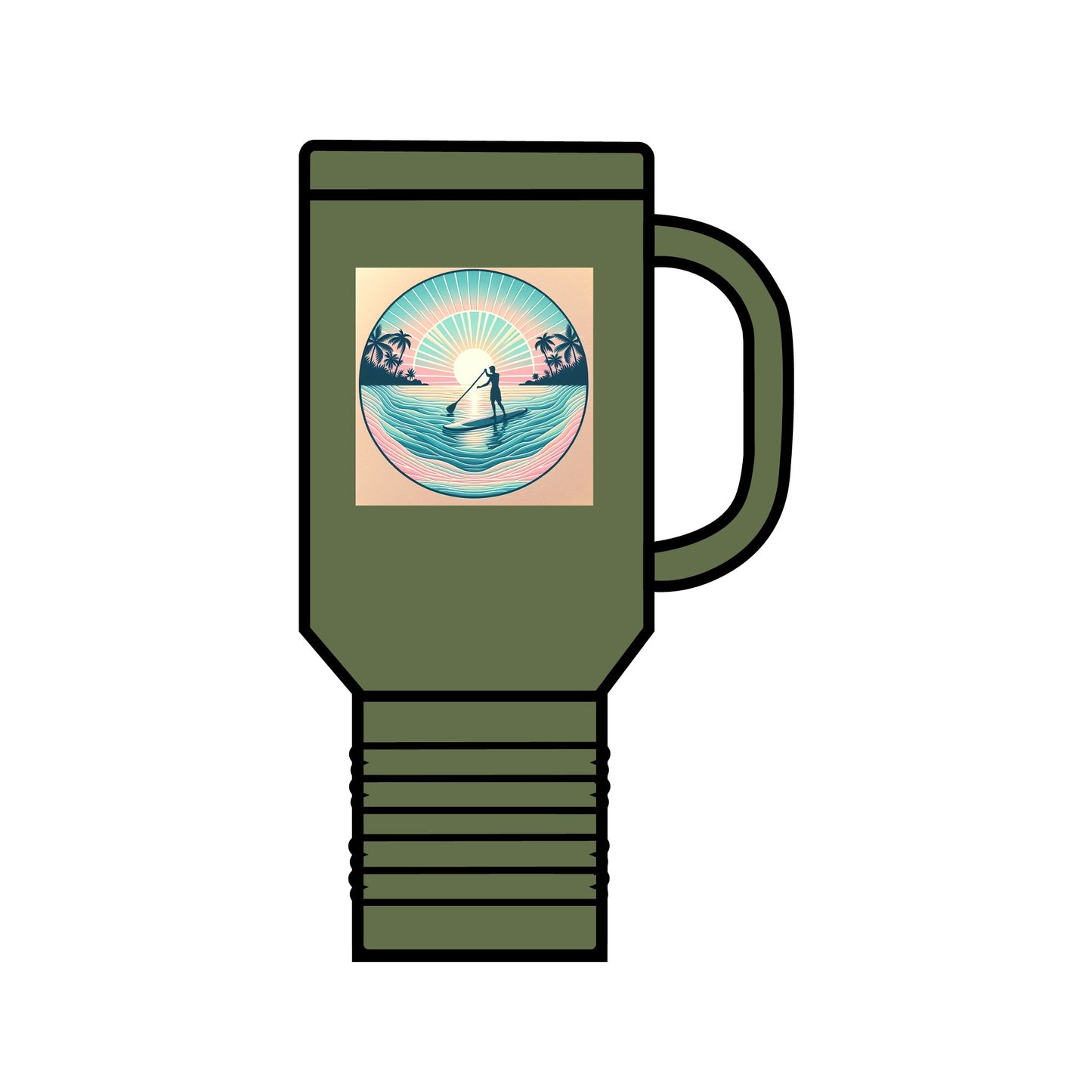 Elegant Fantasy Paddleboarding Insulated Travel Mug 40oz in rich olive green, featuring a paddleboarding scene, designed for adventure seekers who appreciate luxury and functionality.