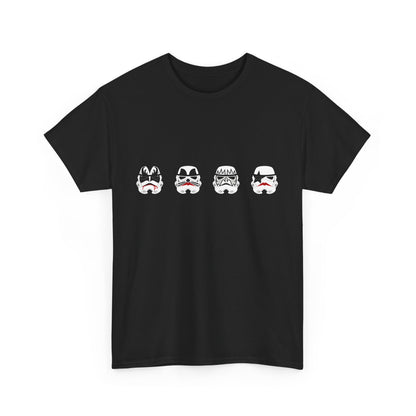 Elegant Kiss My Stormtroopers Parody T-shirt featuring unique graphic design with stormtrooper faces inspired by KISS, crafted for a stylish unisex fit.