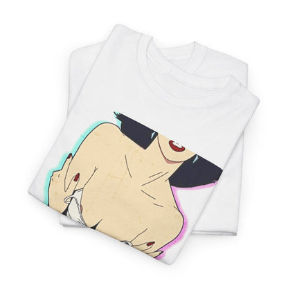 Folded graphic t-shirt showcasing a vintage-inspired pin-up illustration, accentuating the female form with a chic and playful design.
