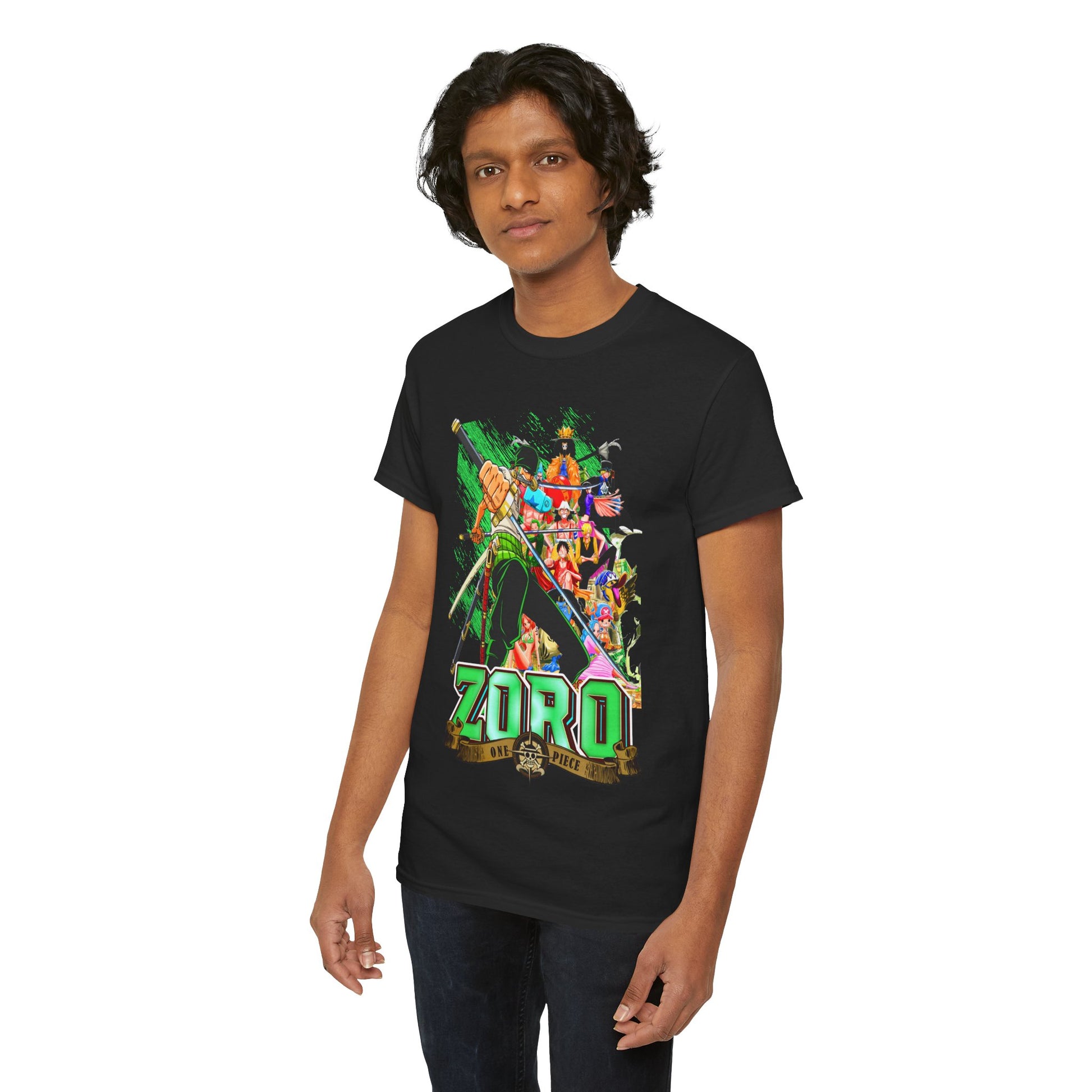 Elegant One Piece Zoro T-shirt featuring dynamic illustration of Zoro with iconic sword, vibrant colours, perfect for anime enthusiasts.