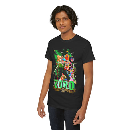 Elegant One Piece Zoro T-shirt featuring dynamic illustration of Zoro with iconic sword, vibrant colours, perfect for anime enthusiasts.