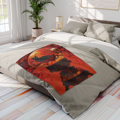 Decorative and Warm Halloween Spooky Arctic Fleece Blanket spread across a stylish bed, highlighting its captivating Halloween-themed artwork in a serene setting.