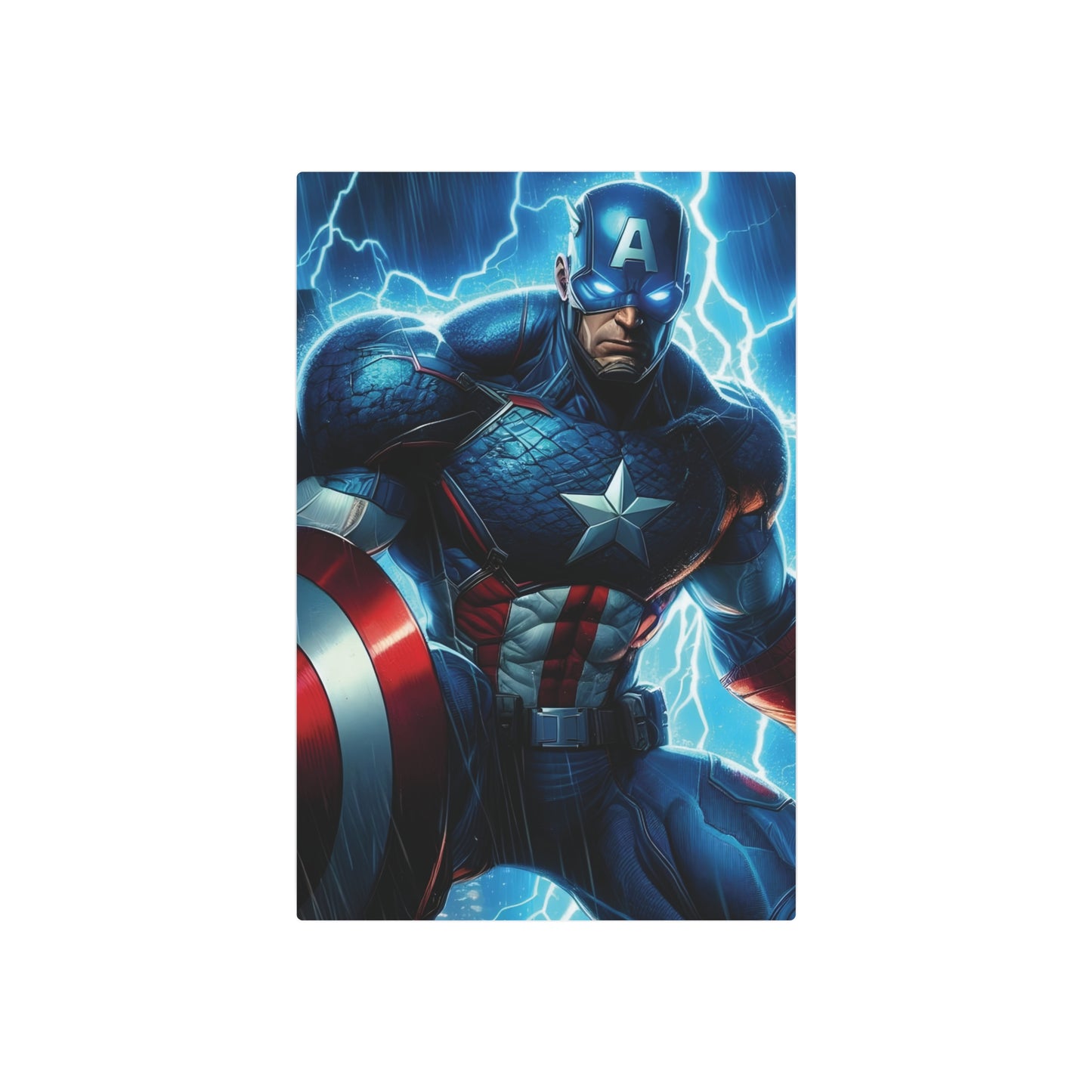 Marvel Captain America Metal Art Poster depicting a robust superhero with striking blue and red colours, symbolising bravery and justice, crafted in premium aluminium, suitable for luxurious wall decor.