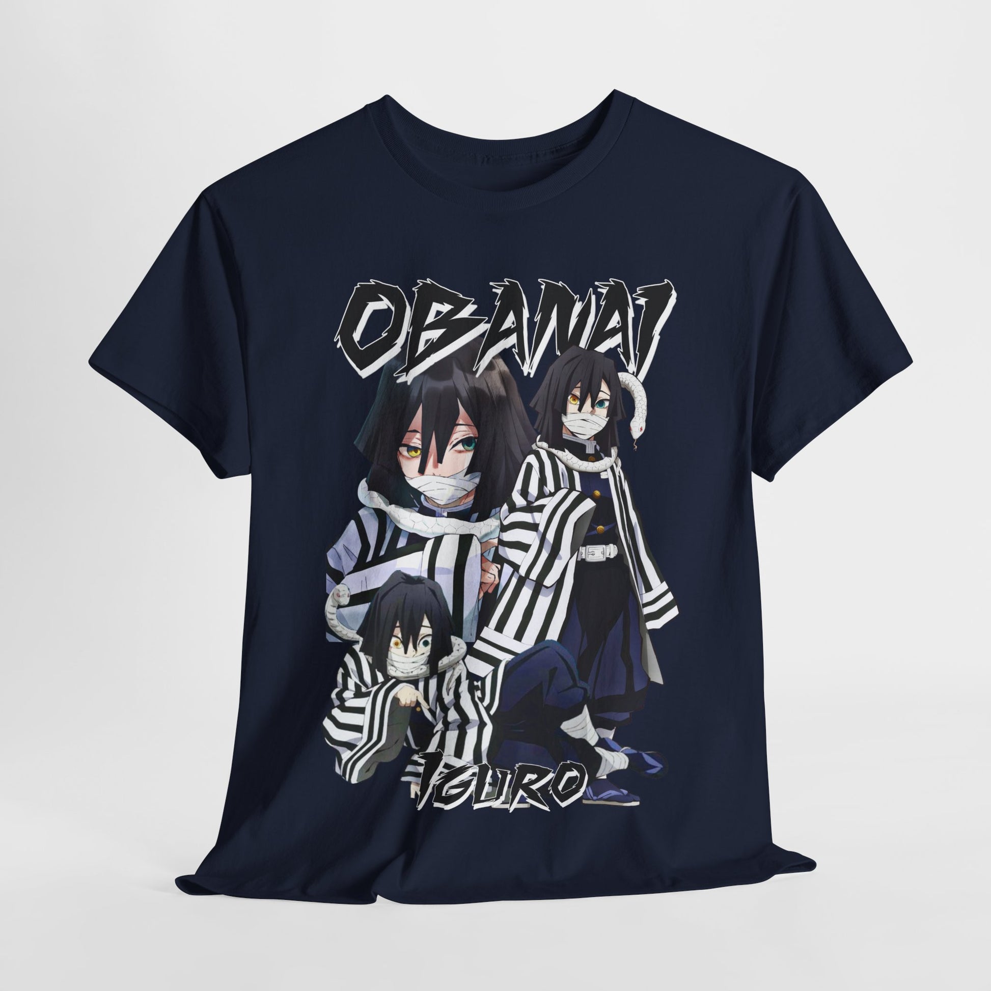 Elegant navy T-shirt featuring a captivating graphic of Obanai Iguro, showcasing stylish anime art with dynamic character portrayals, designed for discerning fans of Japanese culture.