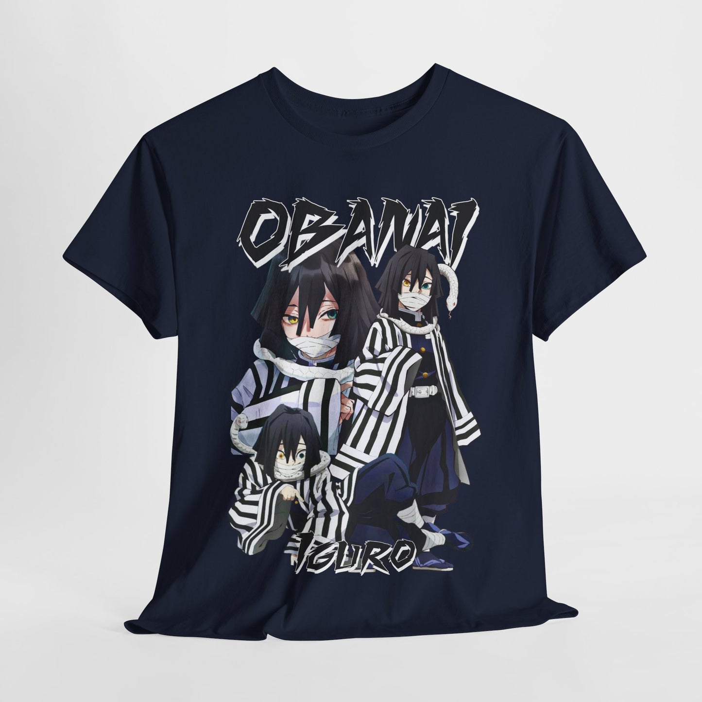 Artistic depiction of a navy T-shirt elegantly draped, showcasing an intricate Obanai Iguro graphic, ideal for those who appreciate high-quality fashion with an anime influence.