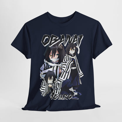 Artistic depiction of a navy T-shirt elegantly draped, showcasing an intricate Obanai Iguro graphic, ideal for those who appreciate high-quality fashion with an anime influence.