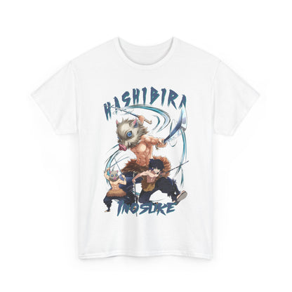 Front close-up of a Hashibira Inosuke anime-inspired graphic t-shirt, highlighting intricate designs of dynamic characters, a must-have for anime lovers.