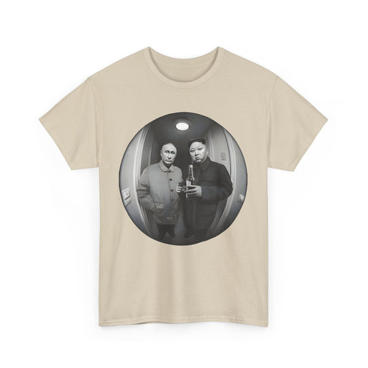 Discover the unique 'Meet The Neighbours' Funny Gift Graphic T-Shirt, showcasing an artistic depiction of famous geopolitical figures. A statement piece combining humour with a touch of elegance.