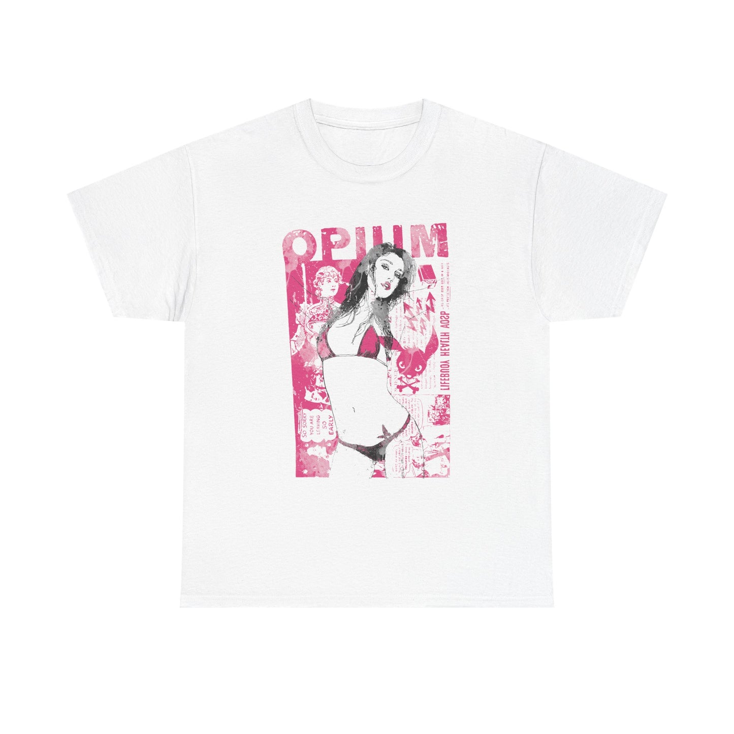 Luxurious white T-shirt featuring a striking vintage-inspired 'OPIUM' design with a glamorous female pinup illustration in vibrant pink tones.