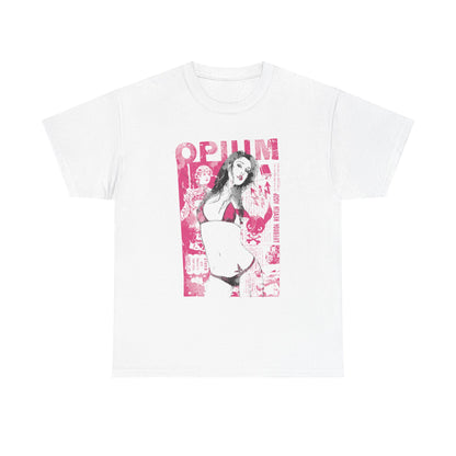 Luxurious white T-shirt featuring a striking vintage-inspired 'OPIUM' design with a glamorous female pinup illustration in vibrant pink tones.