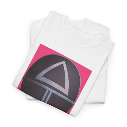 Stacked Squid Game Unisex Men´s Women´s Graphic Cotton Funny T Shirts featuring an iconic mask design on a vibrant pink background, ideal for stylish statement wear.