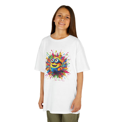 Elegant presentation of a young girl wearing a Minion Paint Splash T-shirt, showcasing a joyful design and bright colours, ideal for fashionable children.