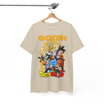 Elegant Dragon Ball Z T-shirt hanging on display, featuring a striking illustration with GOTEN and other beloved characters, perfect for anime enthusiasts.