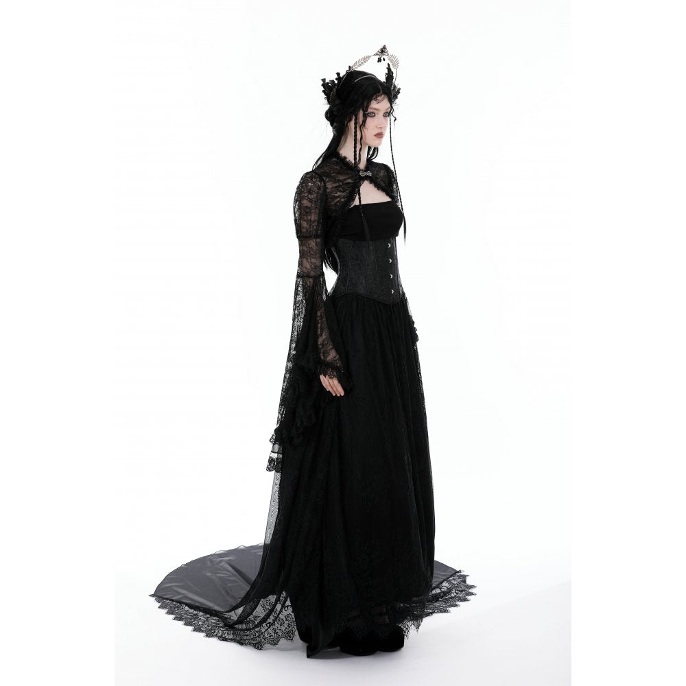 Close-up of Dark In Love Belladonna Lace Goth Shrug showcasing delicate scalloped edges and flowing bell sleeves for an ethereal look.