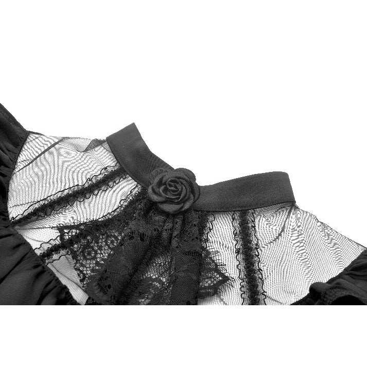 Full view of the Dark in Love Ebon Rose High-Low Gothic Dress, perfect for gothic tea parties or alternative weddings, embodying elegance and dramatic style.