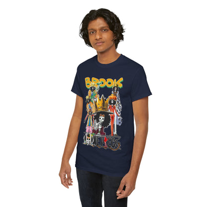 Chic model showcasing a navy blue Brook character t-shirt, highlighting the vibrant artwork and stylish design, perfect for anime lovers who appreciate high-end fashion.