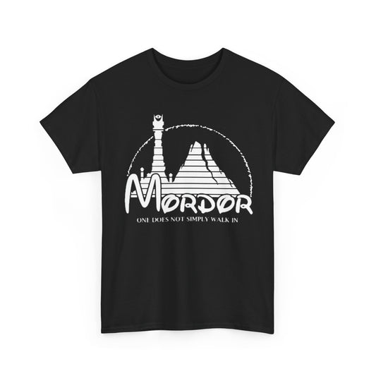 Sophisticated black t-shirt for men and women showcasing a minimalistic Mordor graphic with the iconic quote 'One Does Not Simply Walk In', ideal for casual yet stylish wear.