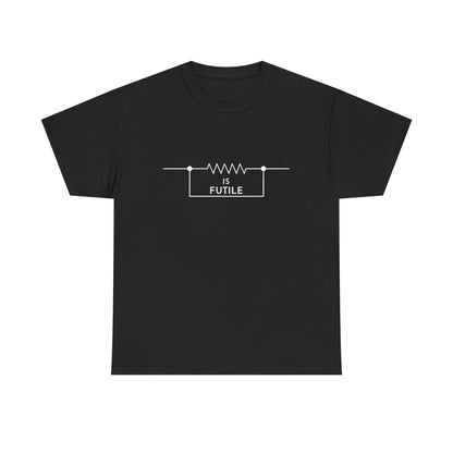 Luxurious black unisex graphic tee shirt featuring the phrase 'IS FUTILE' in a stylish resistor design, perfect for Star Trek enthusiasts.