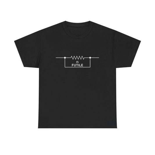 Luxurious black unisex graphic tee shirt featuring the phrase 'IS FUTILE' in a stylish resistor design, perfect for Star Trek enthusiasts.