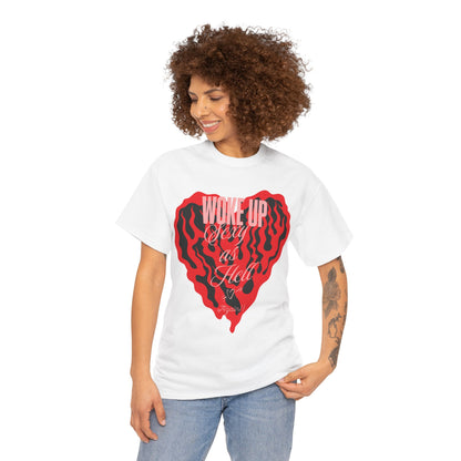 Woke Up Sexy Women's Graphic T-Shirt with Bold Heart Design, model showcasing the vibrant red heart and stylish script on a white background, perfect for casual chic attire.