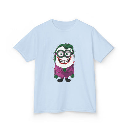 An image of a light blue Minions Joker T-Shirt with a graphic design of a Minion dressed as the Joker. This funny T-shirt is an excellent choice for kids, incorporating the beloved Minion character.