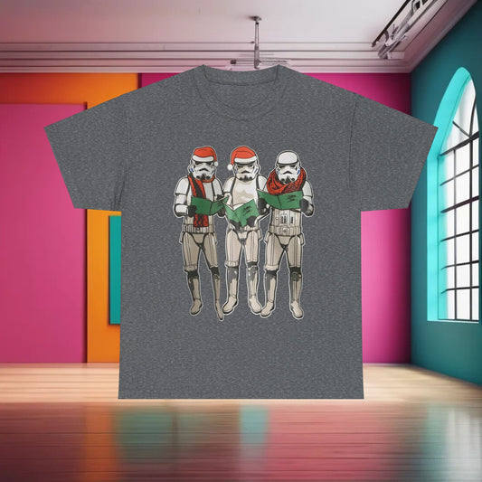 Chic Carol Singing Stormtroopers Star Wars Graphic T-Shirt showcased in a vibrant interior, featuring charming stormtroopers harmoniously singing, ideal for a stylish casual look.