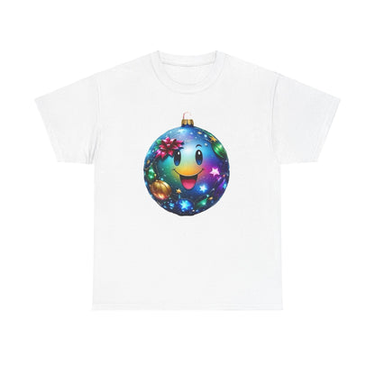 Festive Cheer Christmas Bauble Unisex Cotton T-Shirt Graphic Tee featuring a vibrant blue Christmas ornament with a smiley face, surrounded by sparkling stars and festive embellishments, ideal for holiday celebrations.