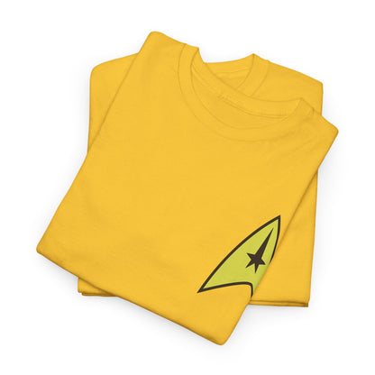 Luxury yellow Star Trek Starfleet uniform unisex graphic t-shirt featuring iconic insignia, perfect for stylish fans.