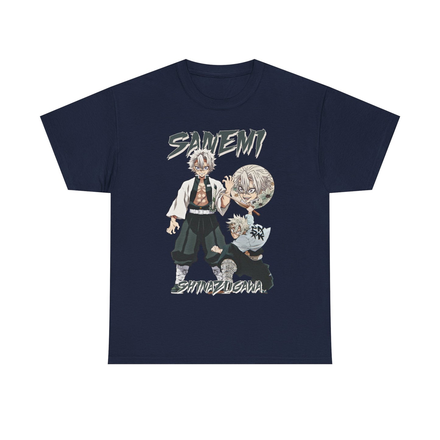 Indulge in the elegance of our Sanemi Shinazugawa T-shirt in navy, showcasing a stunning character illustration that embodies anime sophistication.