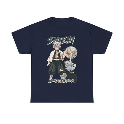 Indulge in the elegance of our Sanemi Shinazugawa T-shirt in navy, showcasing a stunning character illustration that embodies anime sophistication.