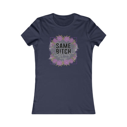 Sophisticated navy blue women's t-shirt adorned with a floral graphic and the motivational statement 'Same Bitch Different Day', ideal for stylish empowerment.