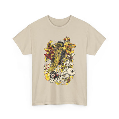Artistic cream graphic T-shirt with a majestic raven design, blending mythical elements with a luxurious style.